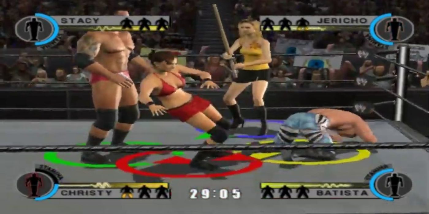 Stacy Keibler and Christy Hemme fight Batista and Chris Jericho in WWE Day of Reckoning 2