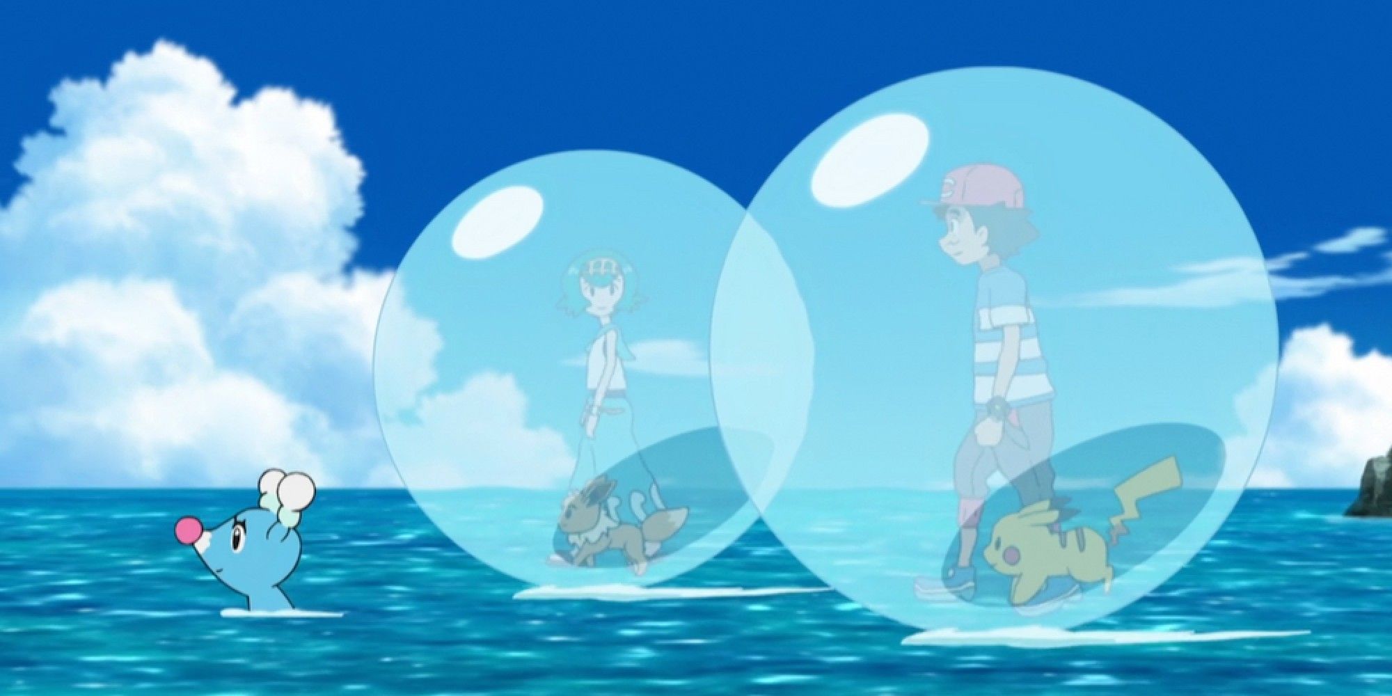 Ash And Lana Traveling With Water Bubble in the Pokemon Anime.