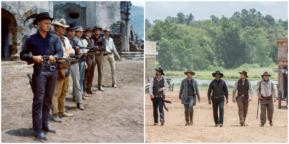 7 men all holding guns up in the image on the right and 5 men walking in the road of a small town in the other picture