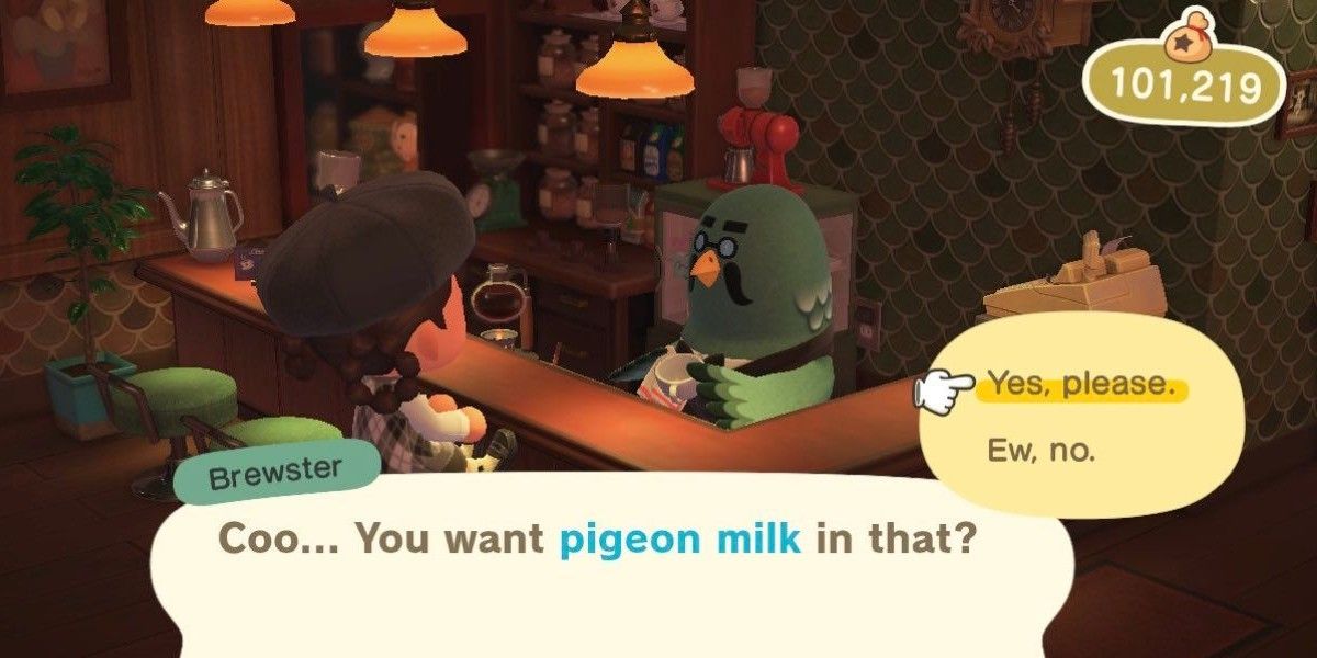 animal crossing new horizons villager and brewster at the roost pigeon milk