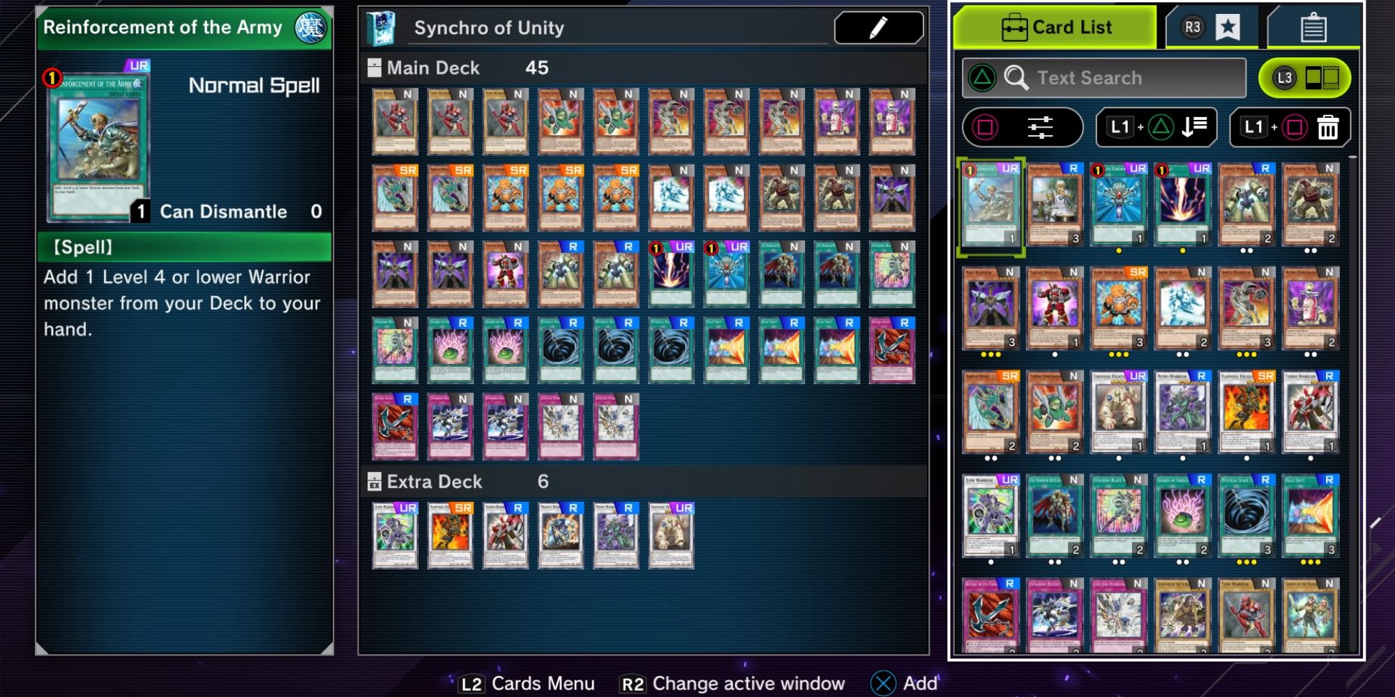 Yu-Gi-Oh! Master Duel a menu with the player's deck on the left and a description of the highlighted card on the far left with a list of available cards on the right