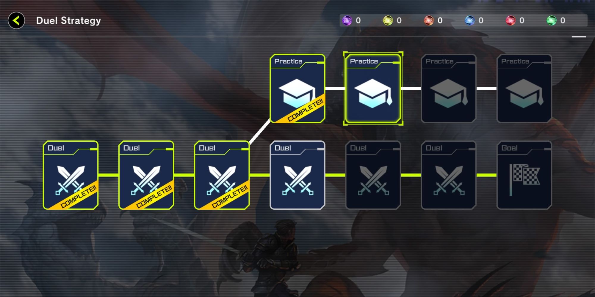 Yu-Gi-Oh! Master Duel a menu featuring a series of icons, some of which are faded, connected by a yellow line with a few of them with the word "complete" on them