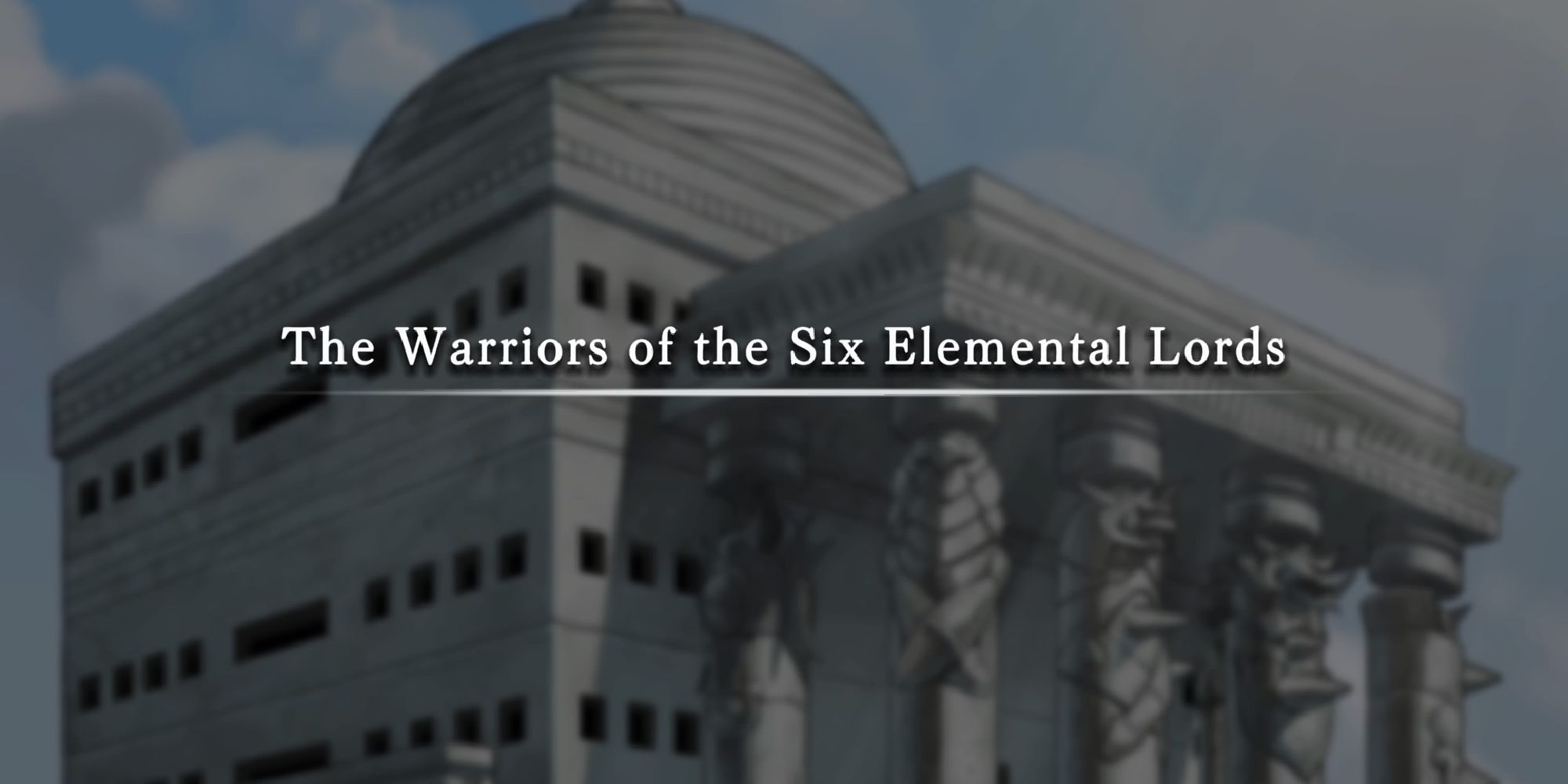 Yu-Gi-Oh! Master Duel a blurred shot of a white temple with a title overlaid on top that reads "The Warriors of the Six Elemental Lords"