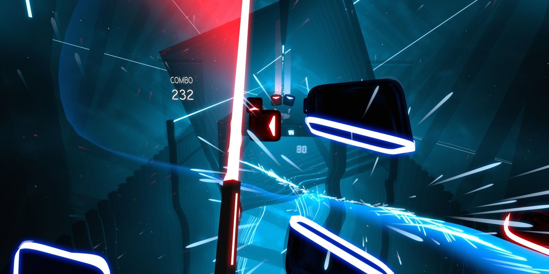 first-person perspective from the VR game Beat Saber of a static red lasersword and a blue one slicing through a cube