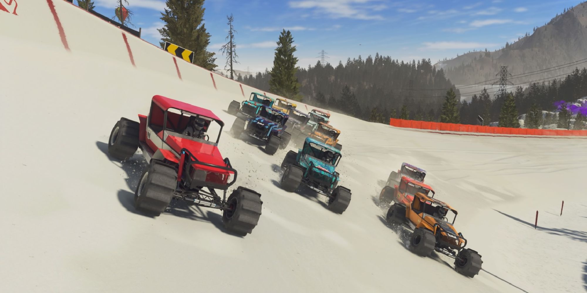 A group of buggies races through a snowy track in Dirt 5