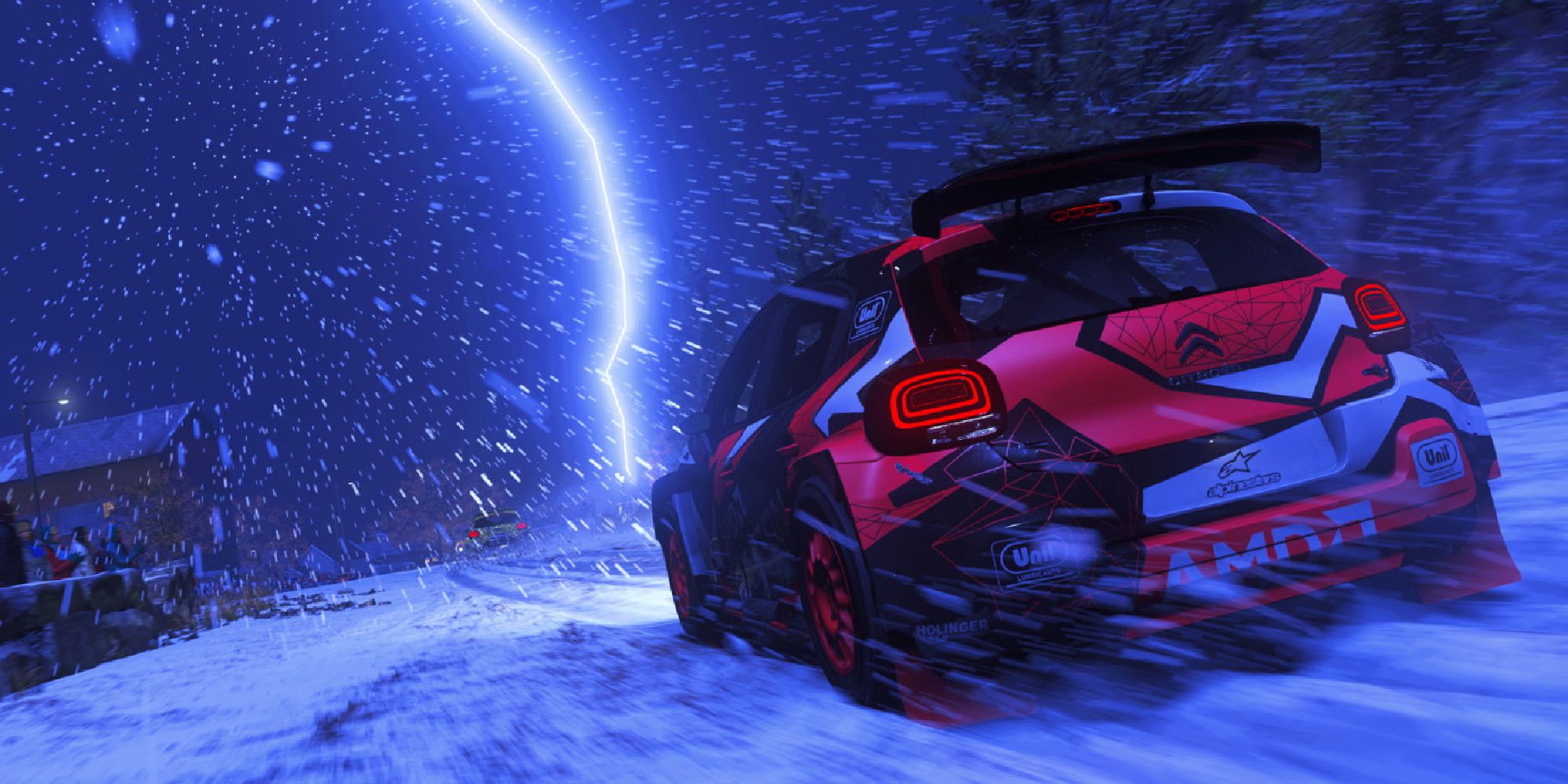 A Citroen hatchback drives past a lightning strike on a snow-covered track in Dirt 5