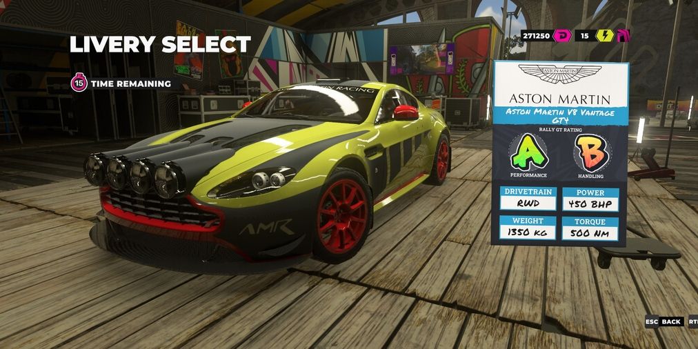 Dirt 5 Aston Martin V8 Vantage in the selection menu with stats