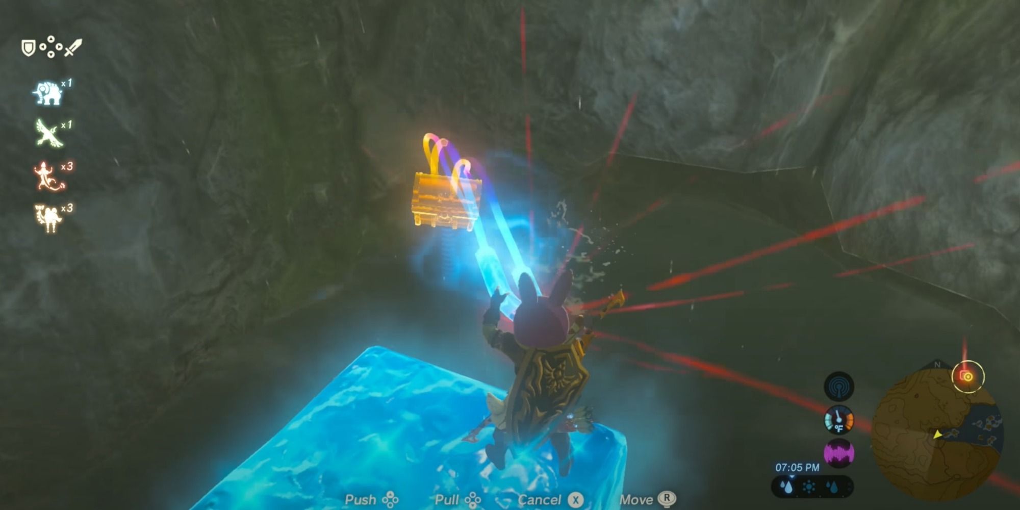 Link using magnesis to get treasure in TLOZ: The Breath of The Wild.