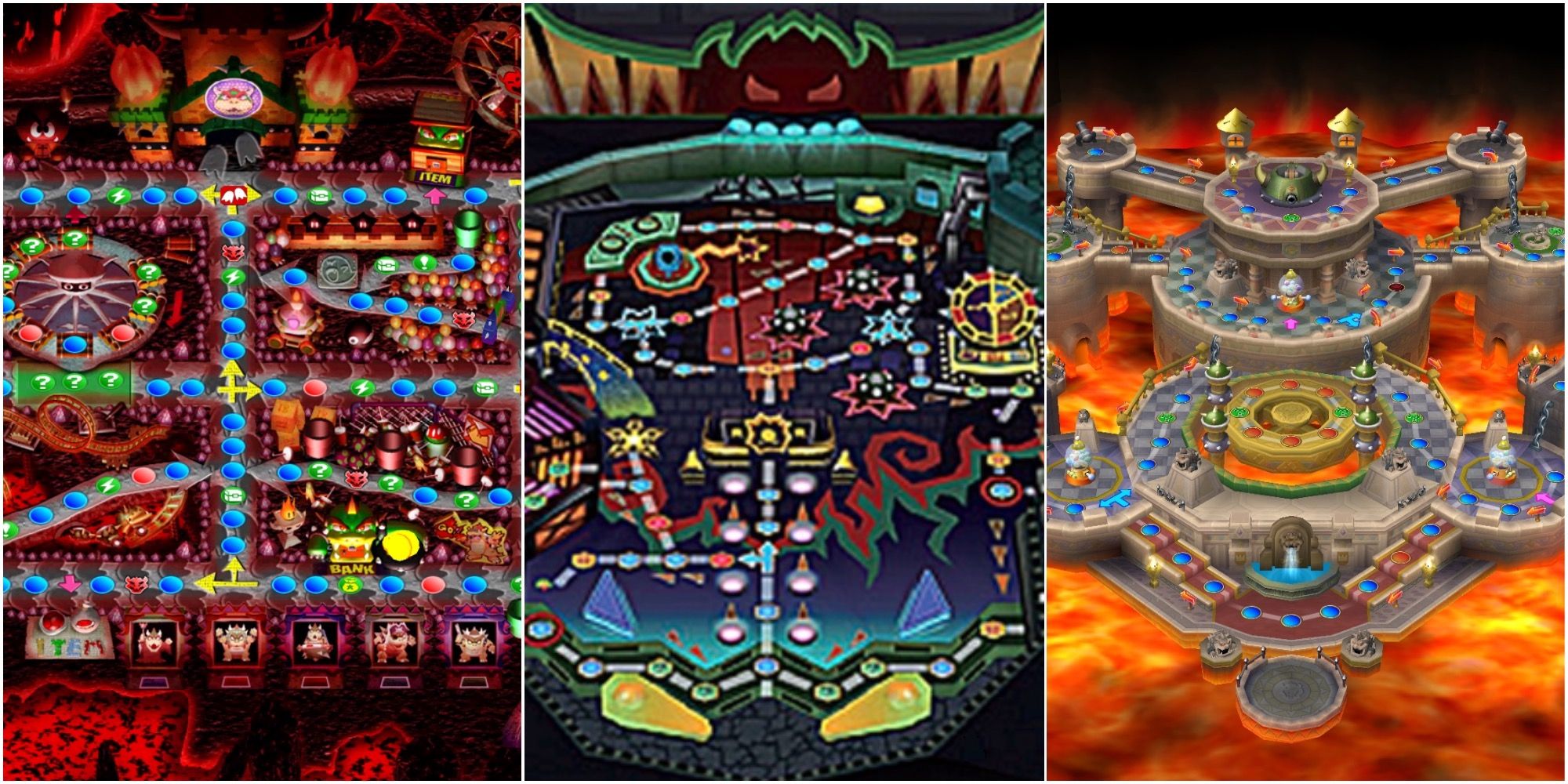 3 linked images, one of a pinball machine in the center, one with an island surrounded by lava, and one with 4 sections of its map