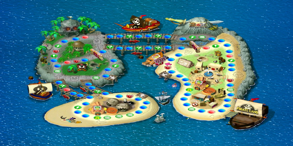 a sky view of 3 islands with 3 pirate ships surrounding them