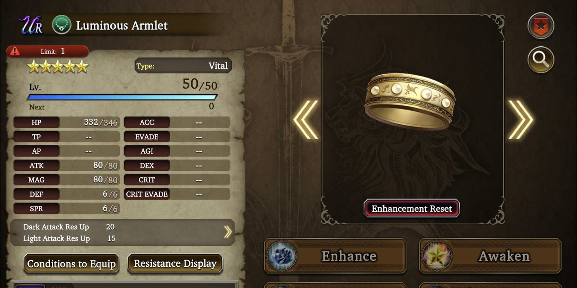 luminous armlet stats wotv