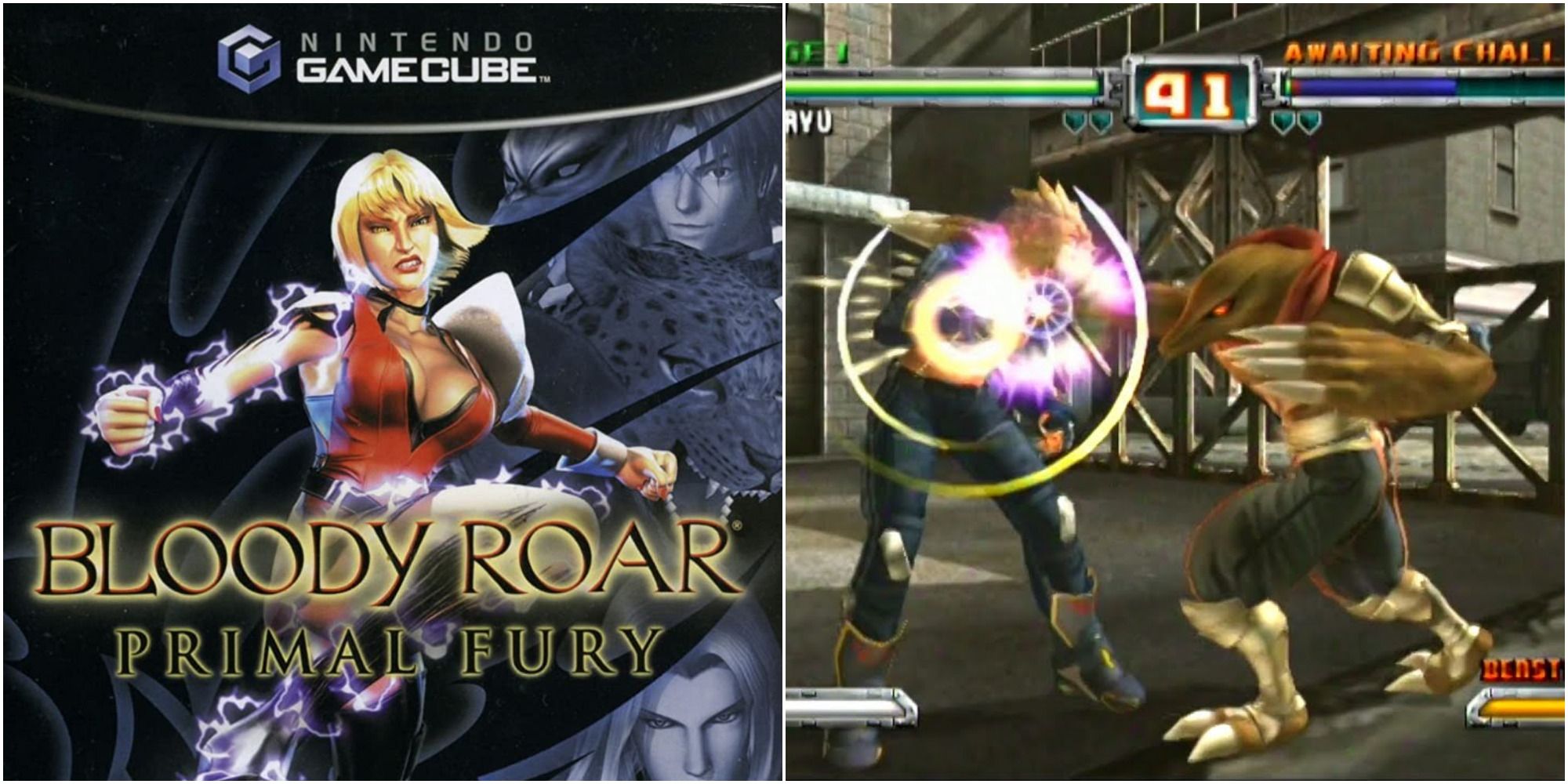 The cover art for Bloody Roar: Primal Fury for the Gamecube collaged with a screenshot of two characters from the game fighting