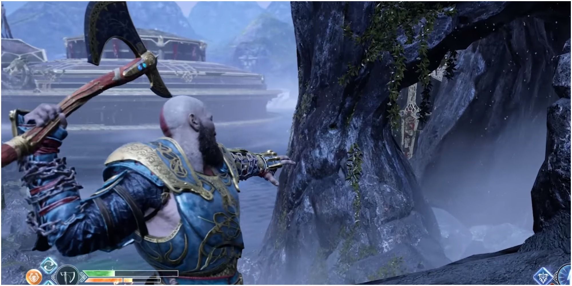 Odin's Raven flying around a stone pillar near the Buri's Storeroom with Kratos throwing his Leviathan Axe at it.. 