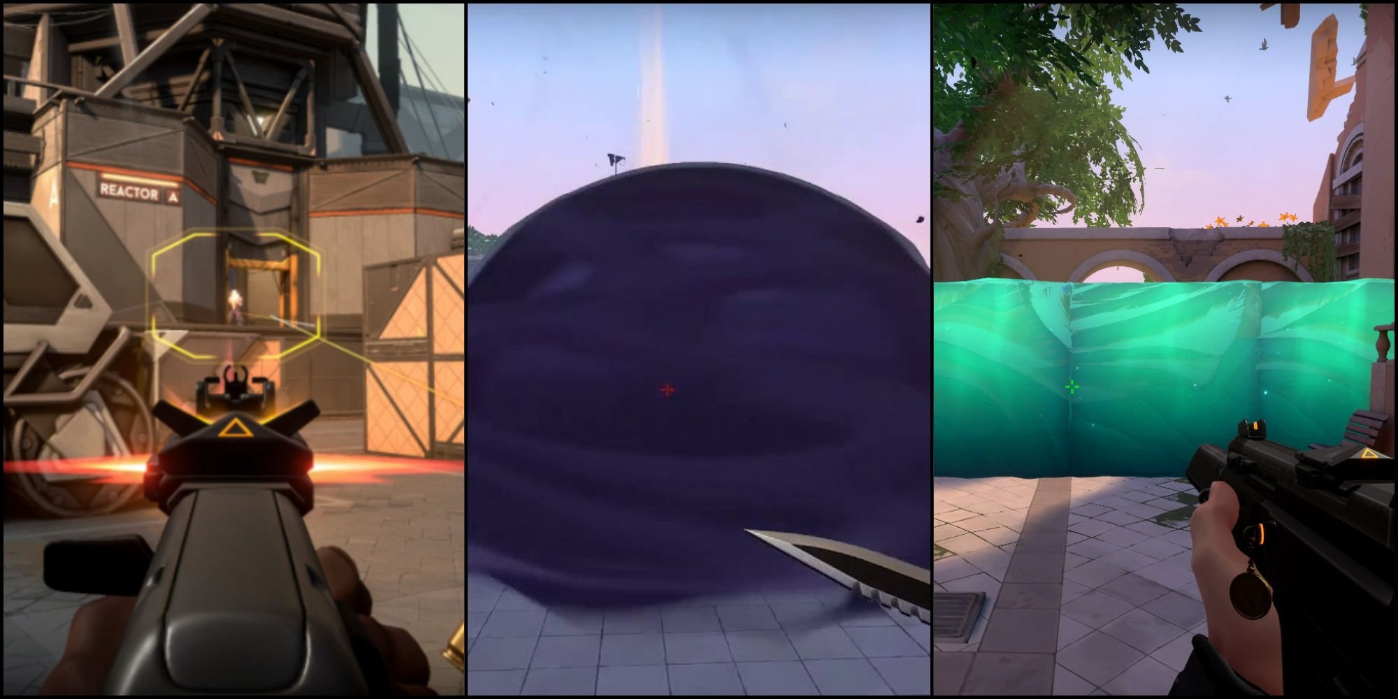 Valorant split image with a player aiming down sights to the left, an Omen smoke in the middle and a Sage wall to the right