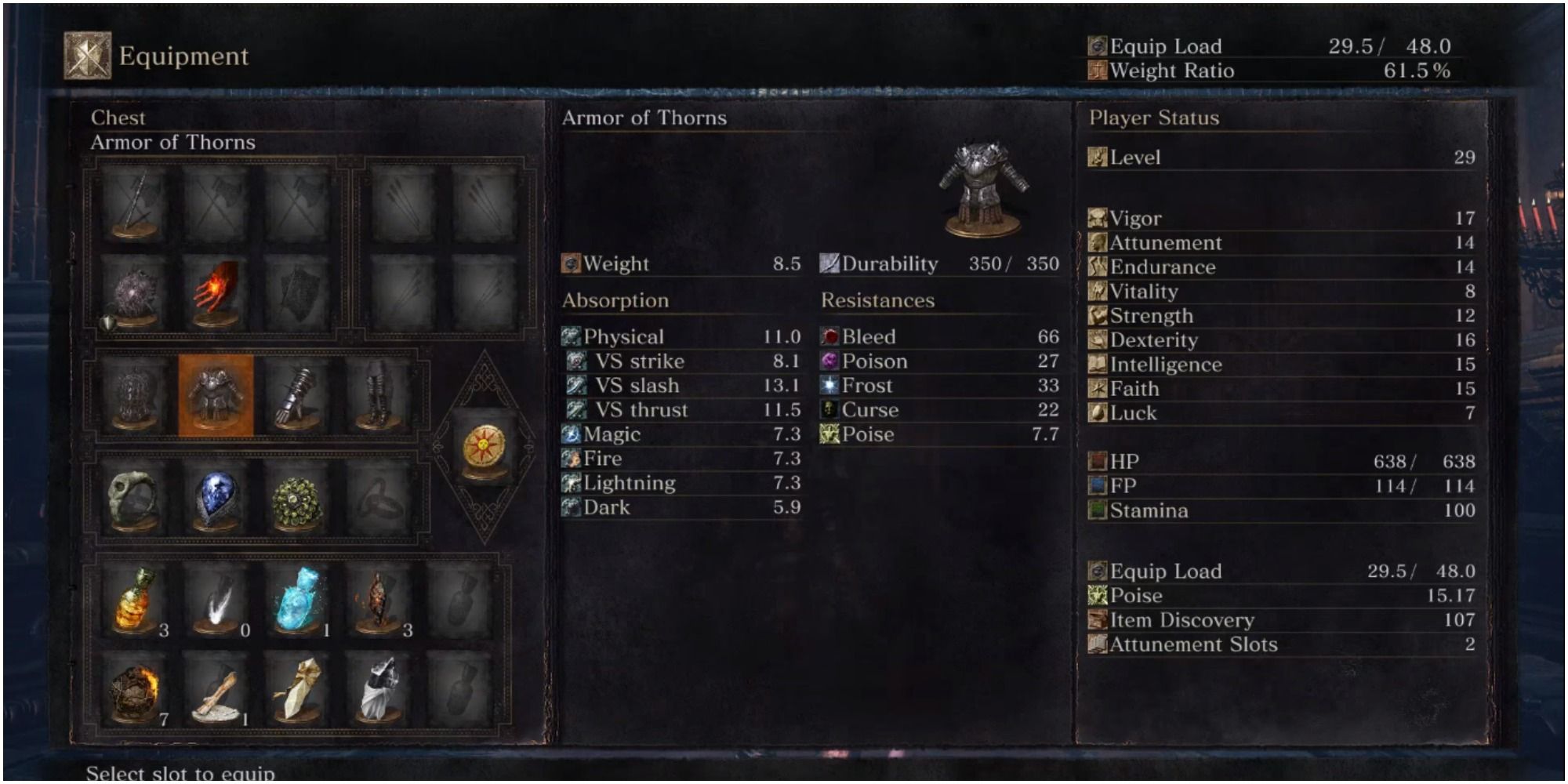 The main stats of the Armor of Thorns.