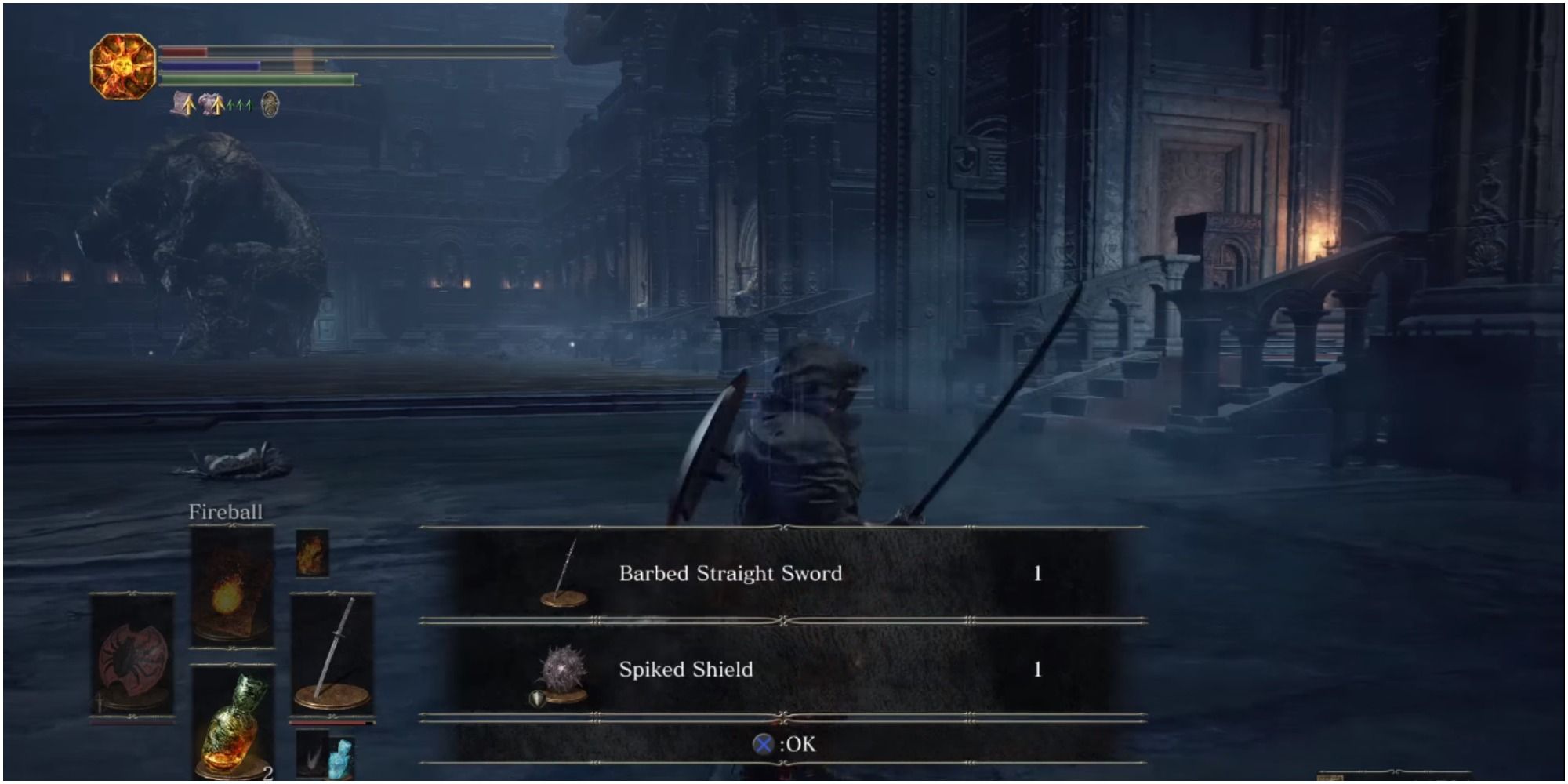 The player picking up the Barbed Straight Sword and Spoiled Shield from Longfinger Kirk.