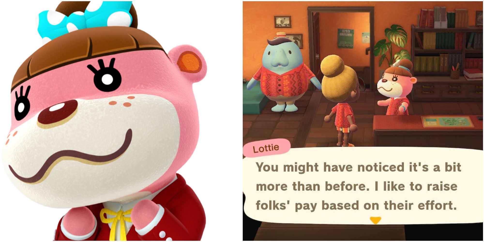A split image from left to right: pink otter villager Ottie holding her chin, and Lottie talking to a player from behind the desk at Happy Home Paradise