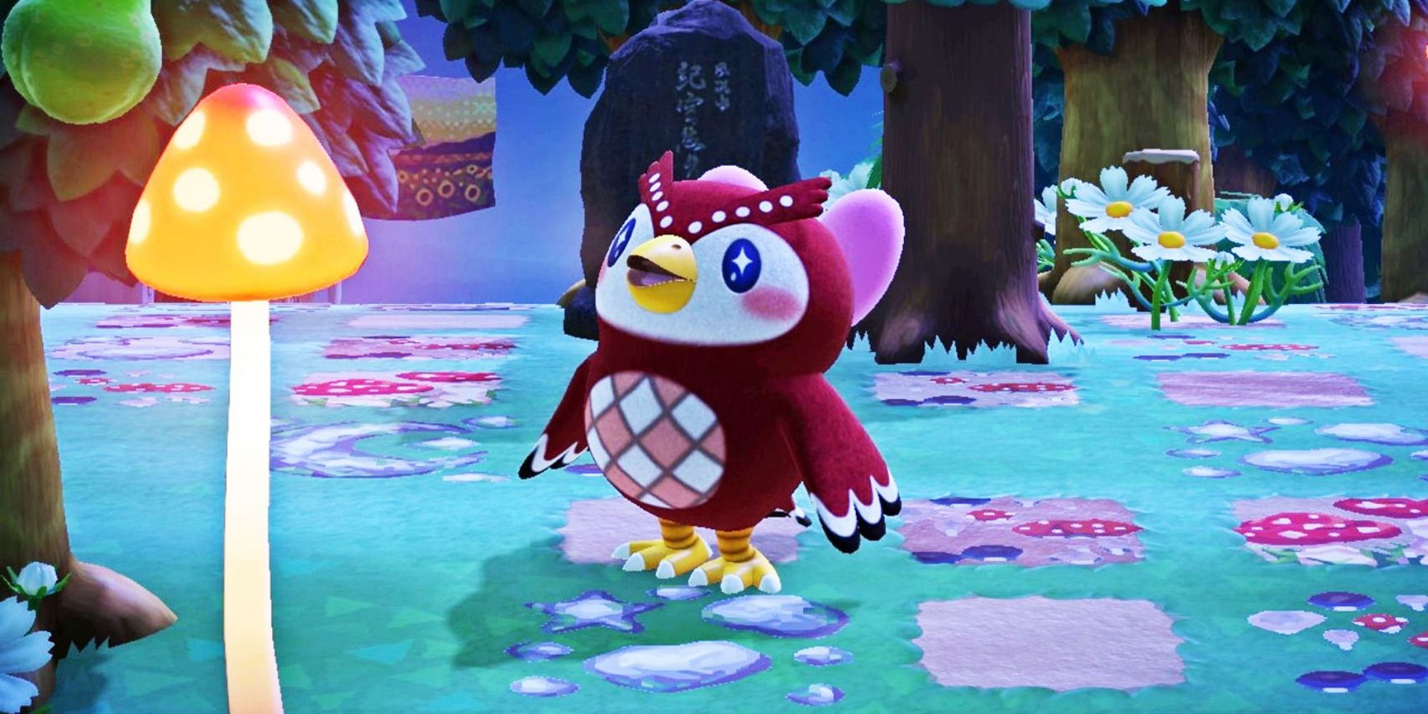Celeste stands in a mushroom forest, gazing up at the stars