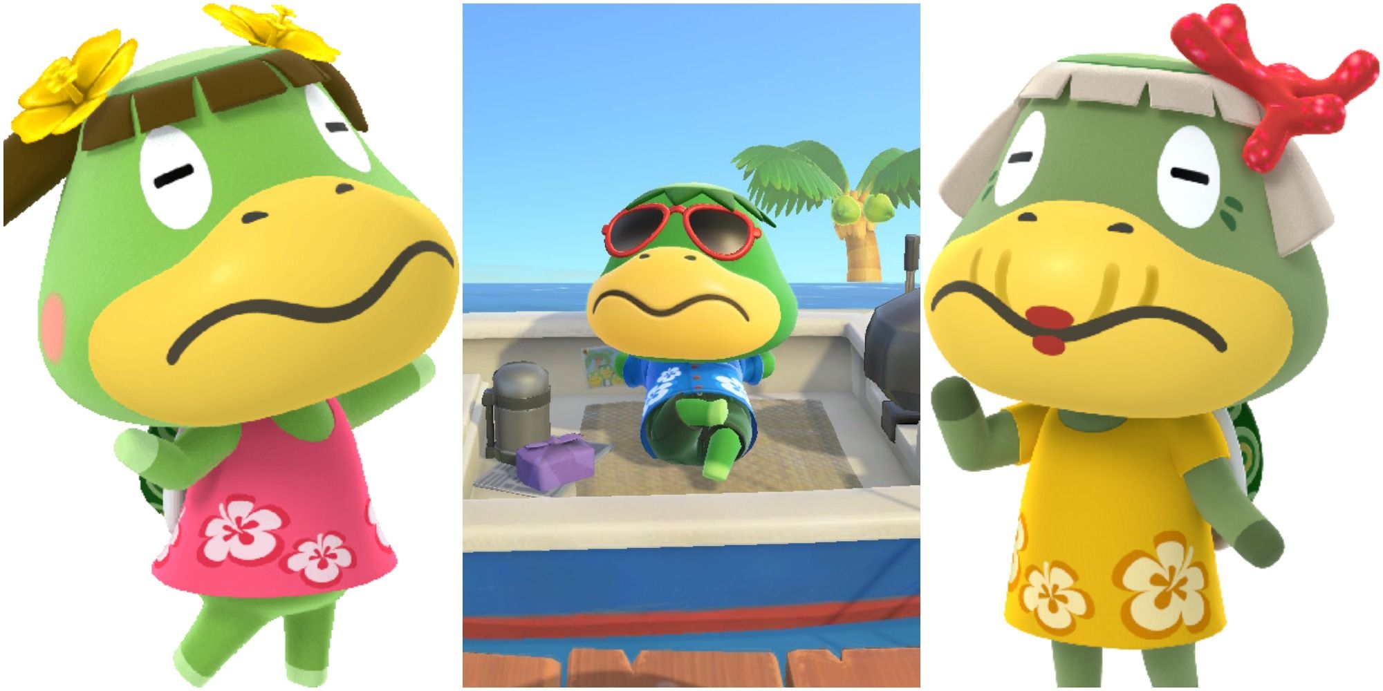 A split image from left to right: Leila, Kapp'n lounging in his boat, and Grams