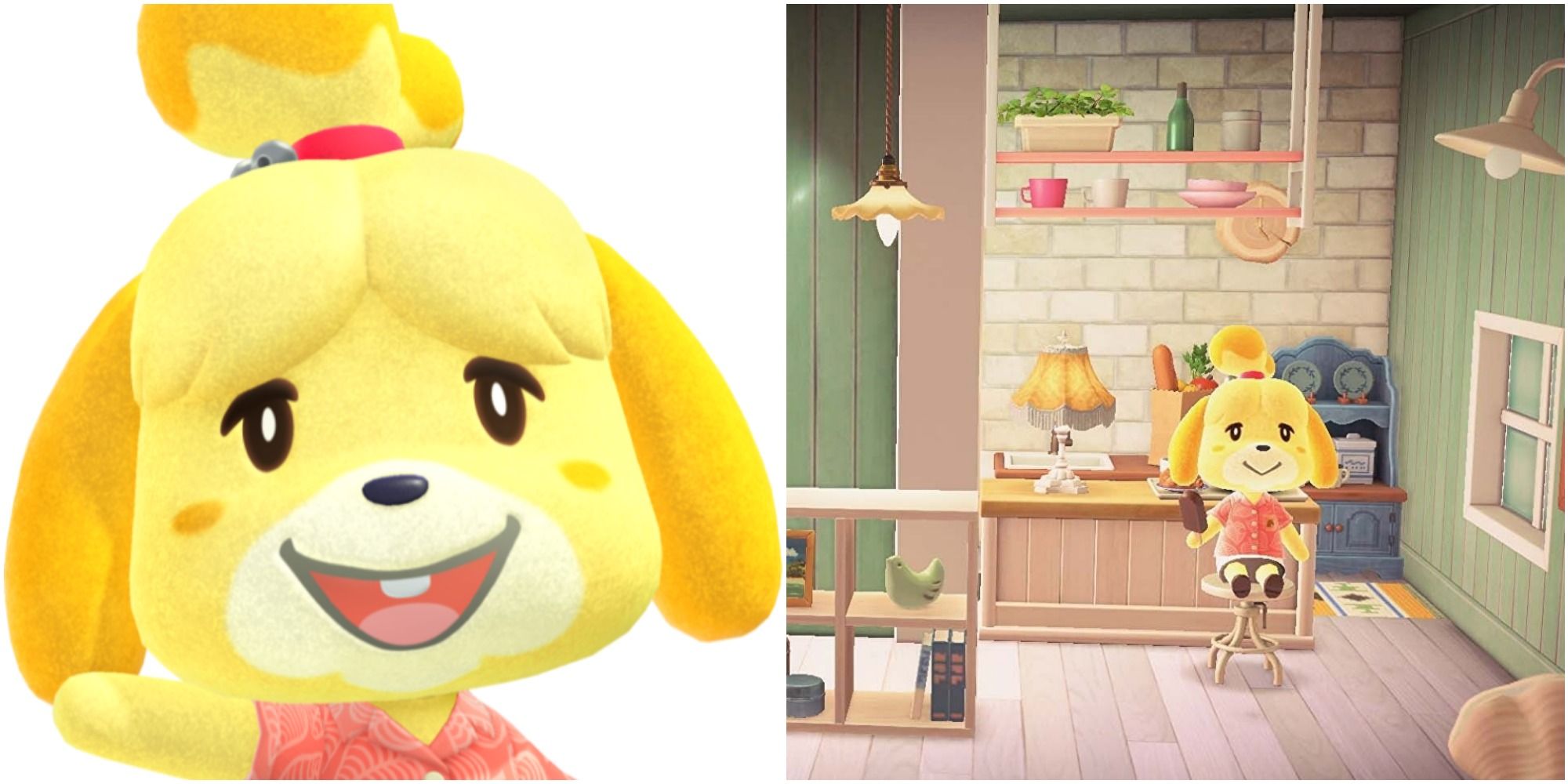 A split image from left to right: Isabelle waving, and Isabelle sitting on a stool in a pastel decorated vacation home