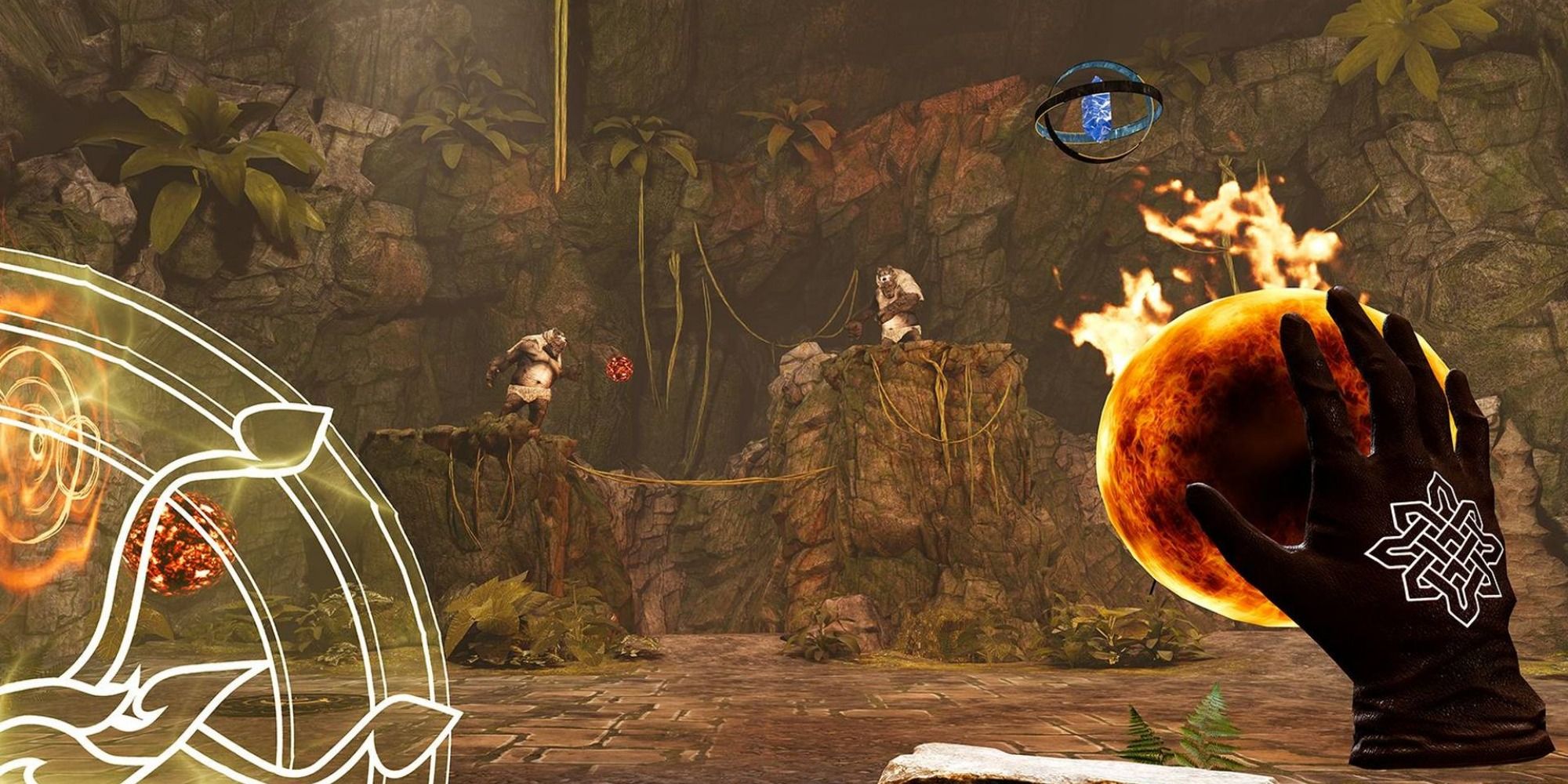 A player in first-person holds up a magic shield in their left hand and a fireball in their right, aimed towards monsters on tiers of dirt