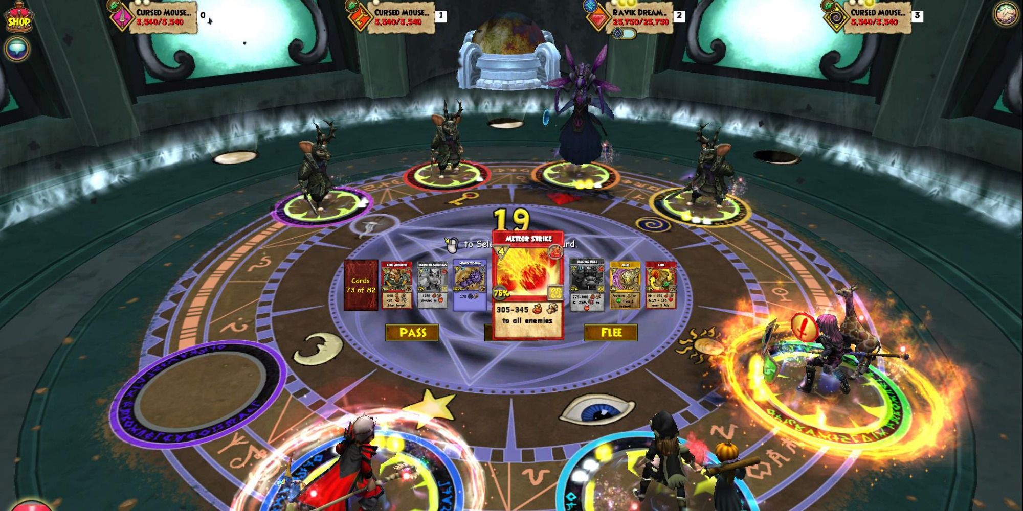 A group of wizards stand in a circle on glowing spots, with some spell cards in the center