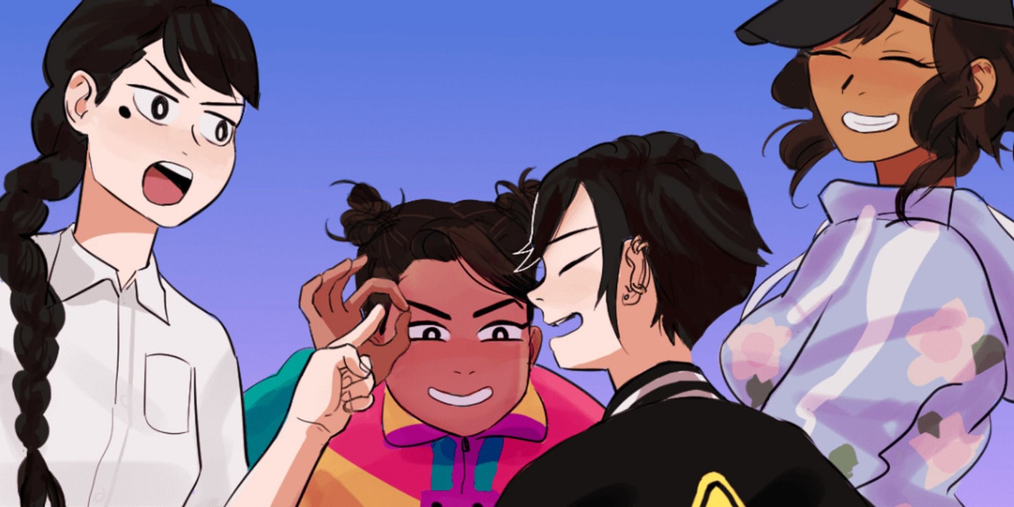 From left to right: Noelle, Arkarsha, Min-seo, and Diya standing in a circle deep in conversation