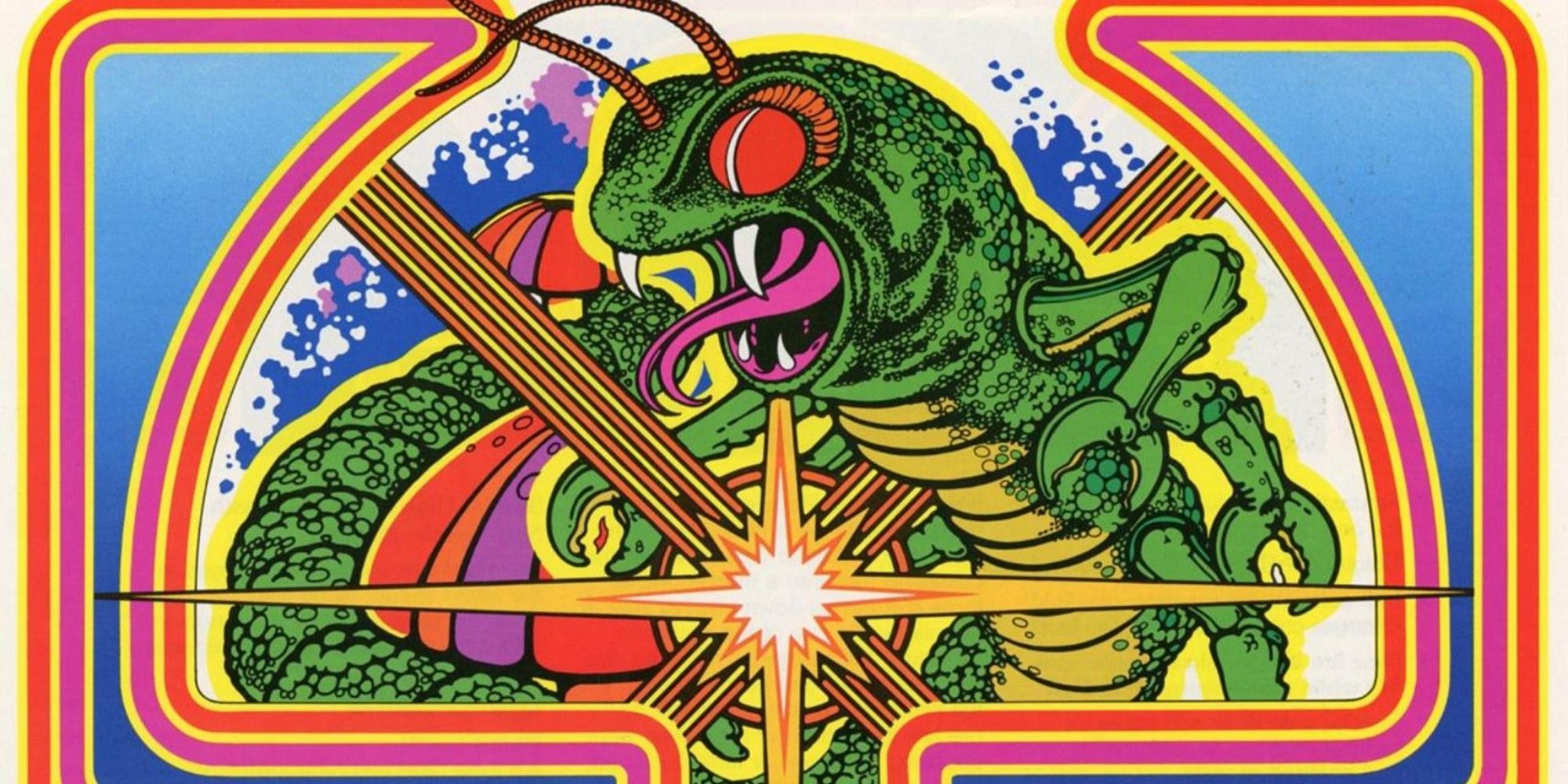 Original game art for Centipede showing a monstrous green centipede monster standing over a beam of light