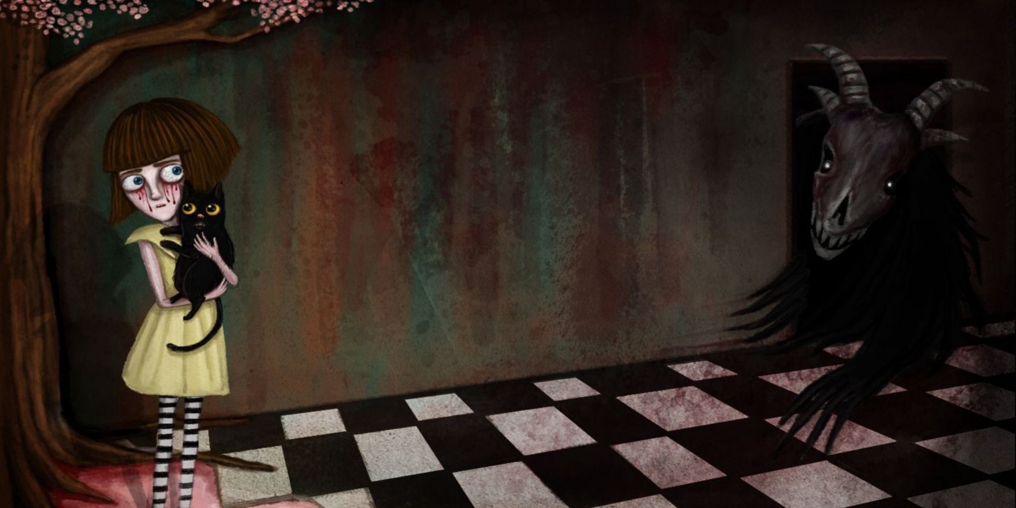 Fran Bow holds a black cat in a dim hallway, her eyes bleeding as a demonic creature peers around the corner