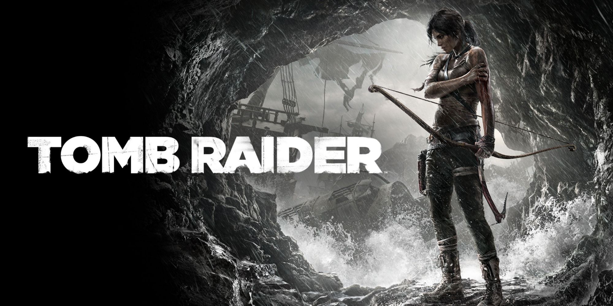 Tomb Raider title art shows Lara Croft standing in a cave with waves splashing up, holding a bow