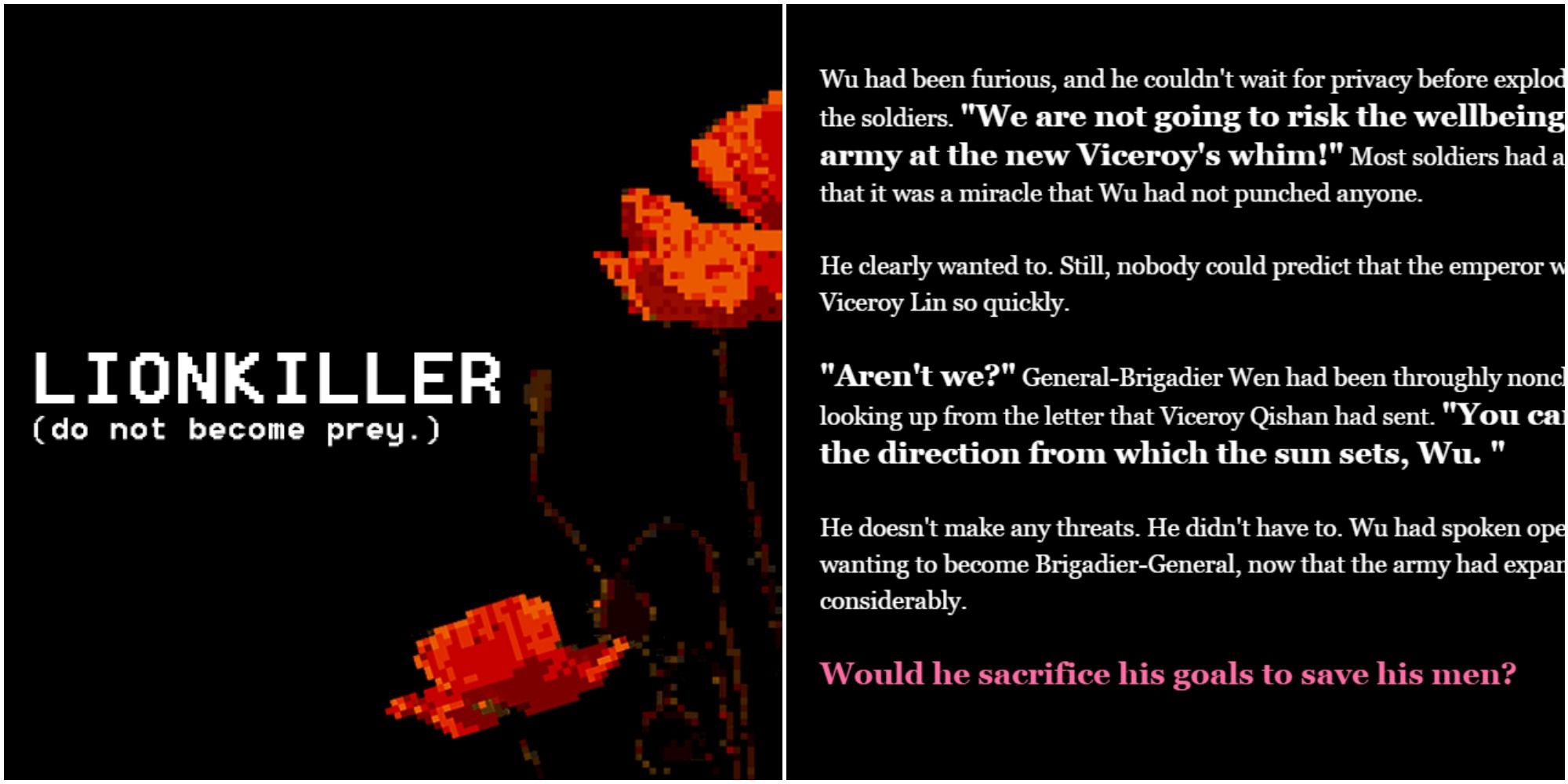 A split image with Lionkiller title art featuring orange blossoms and text from the game to the right