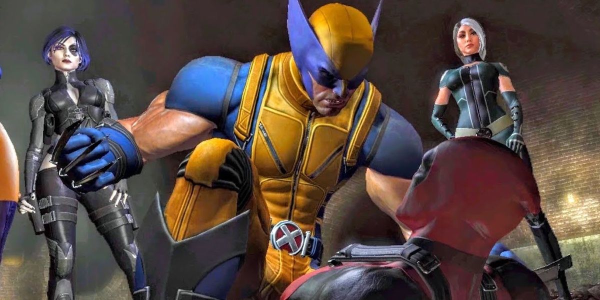 Wolverine shouts at Deadpool as Rogue and Psylocke watch.