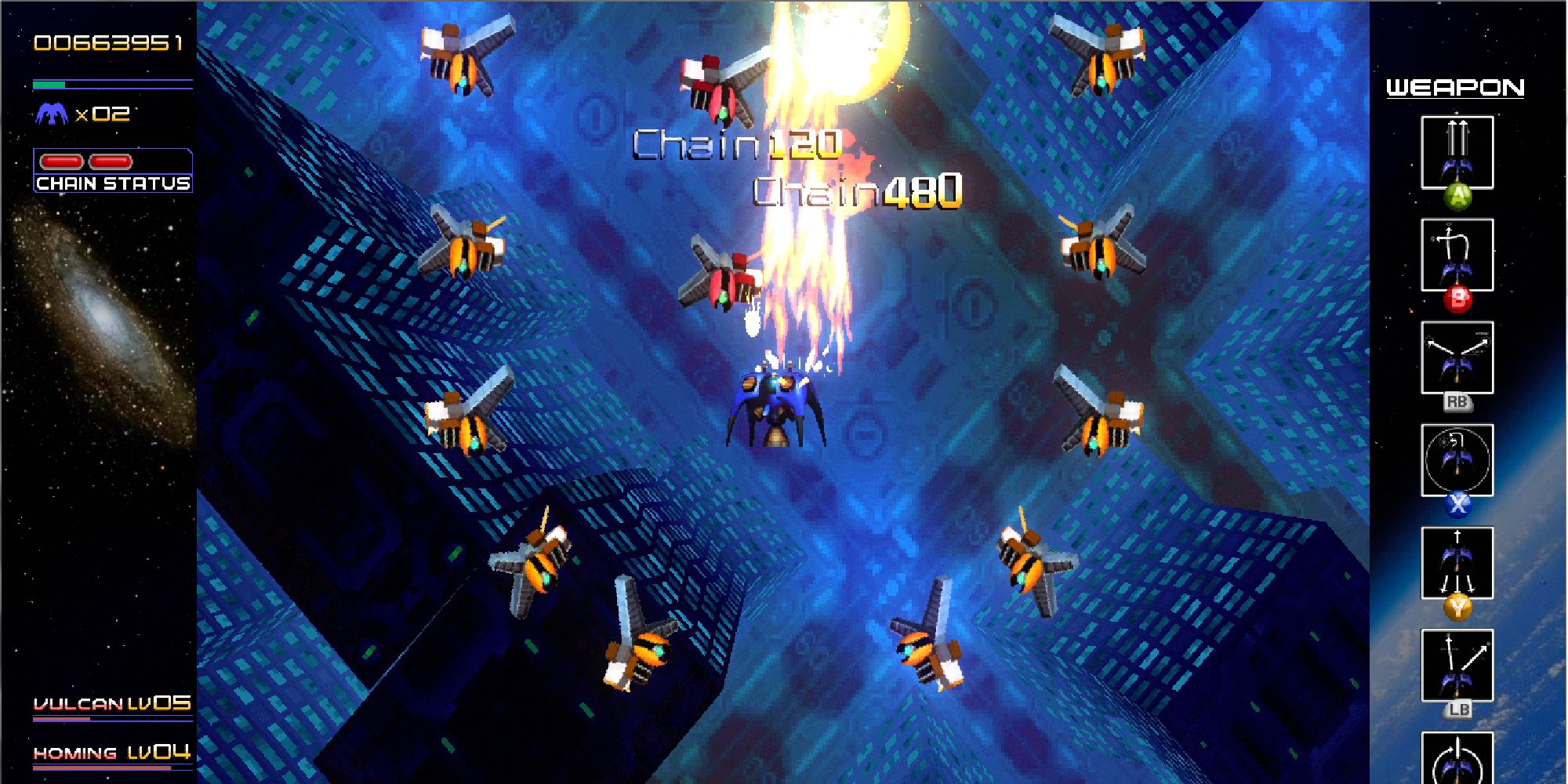 A screenshot from the Xbox Live Arcade release of Radiant Silvergun, showing the player's ship encircled by red, blue, and yellow enemies