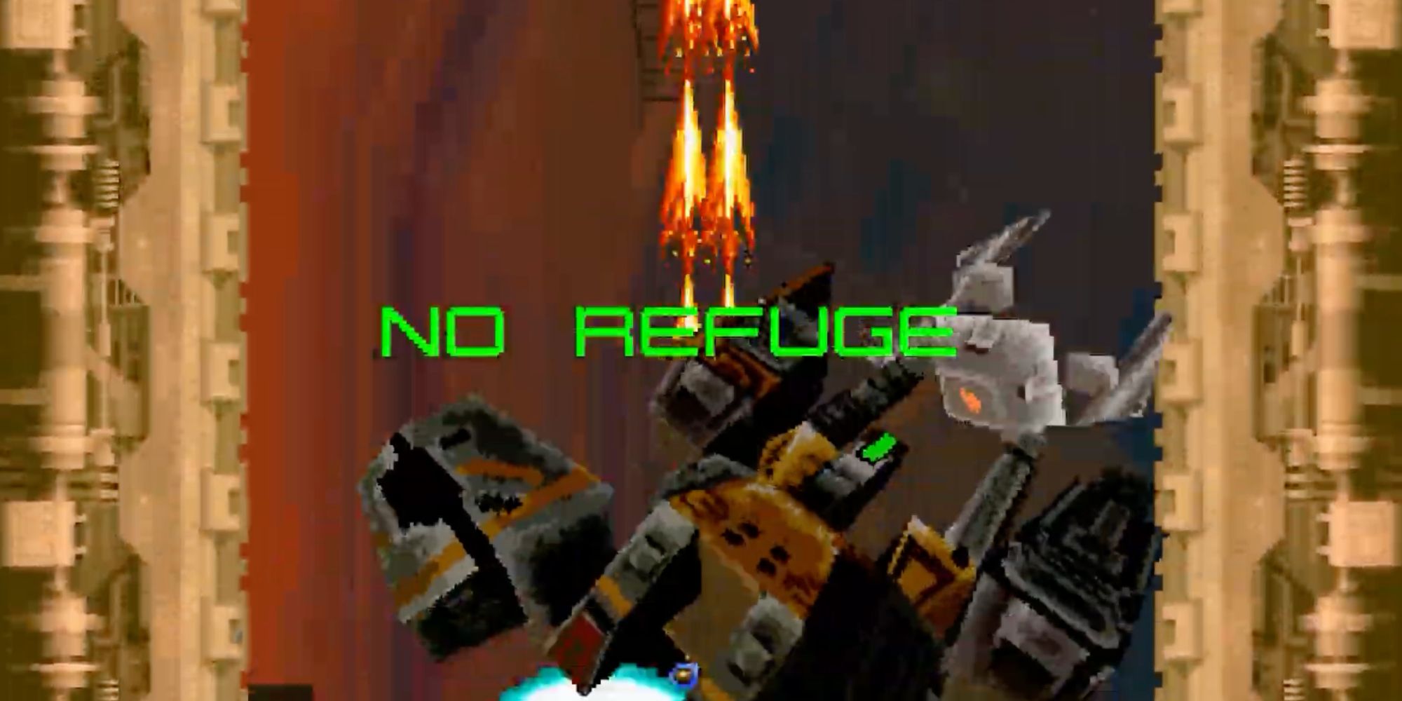The boss enounter screen from Radiant Silvergun, featuring bright green text that reads "NO REFUGE"