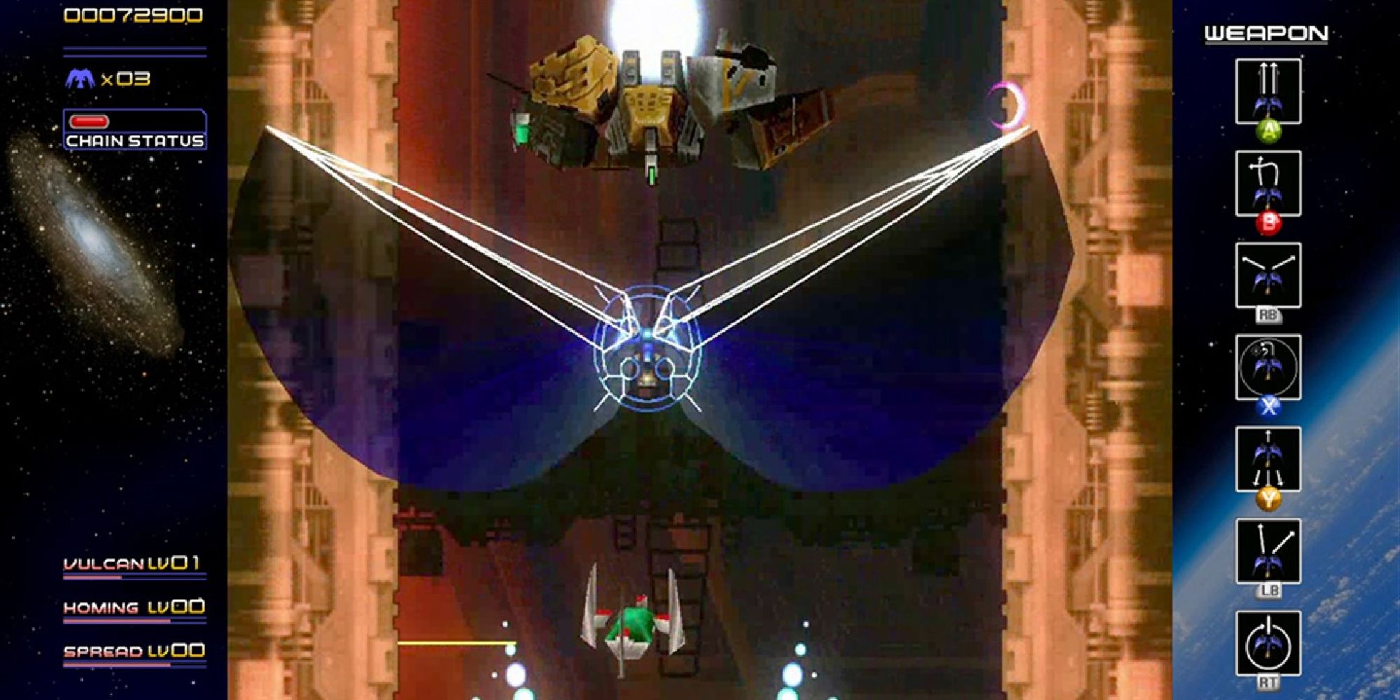 The player uses their charged-up sword to attack enemies in Radiant Silvergun