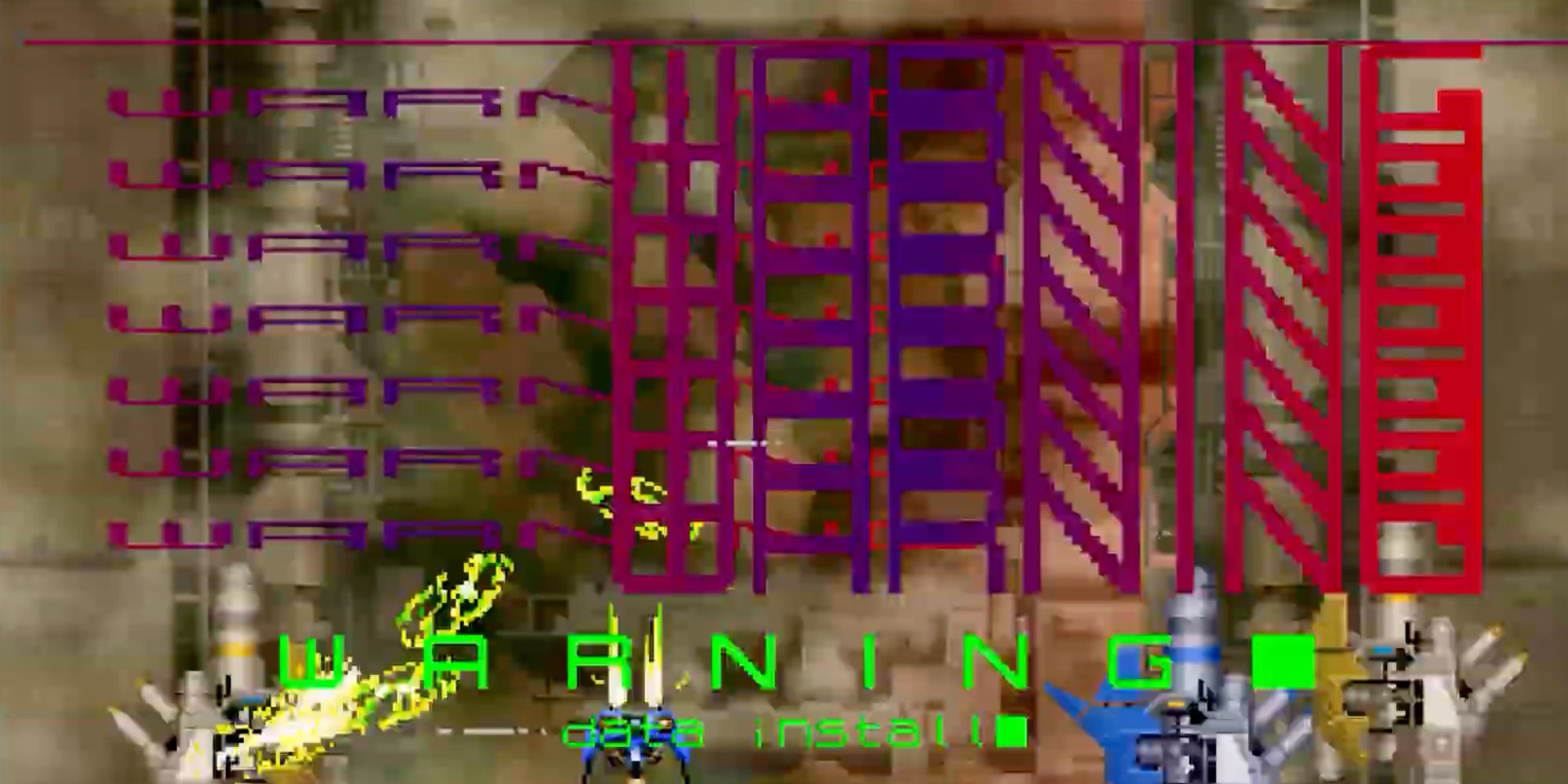 A screenshot from Radiant Silvergun, showing layers of overlapping text on the screen that read "WARNING"