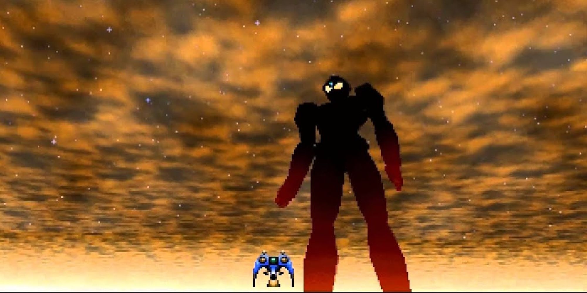 The player encounters the hulking giant Xiga in Radiant Silvergun