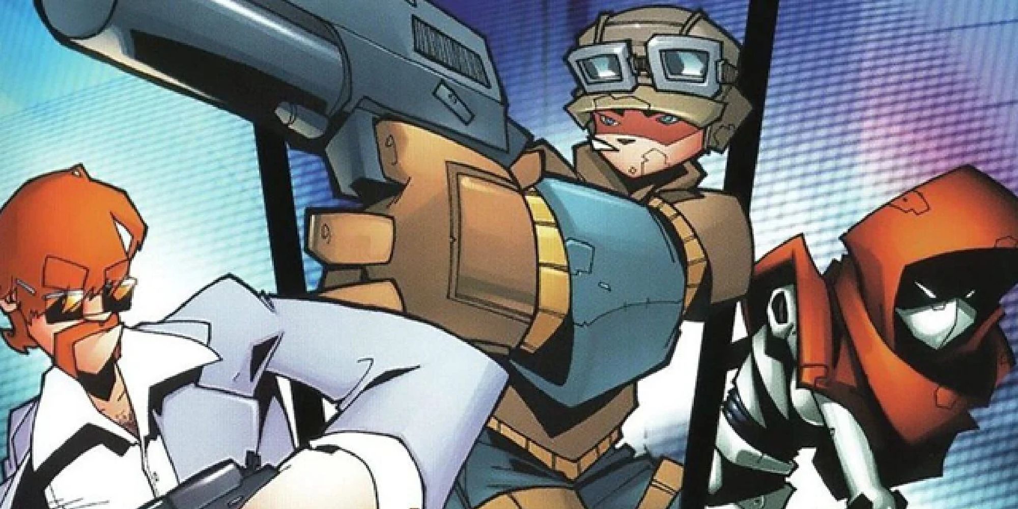 Key art from TimeSplitters 2, showing the characters posing on a colorful background