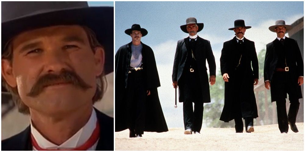 4 men in long black coats wearing cowboy hats at mustaches