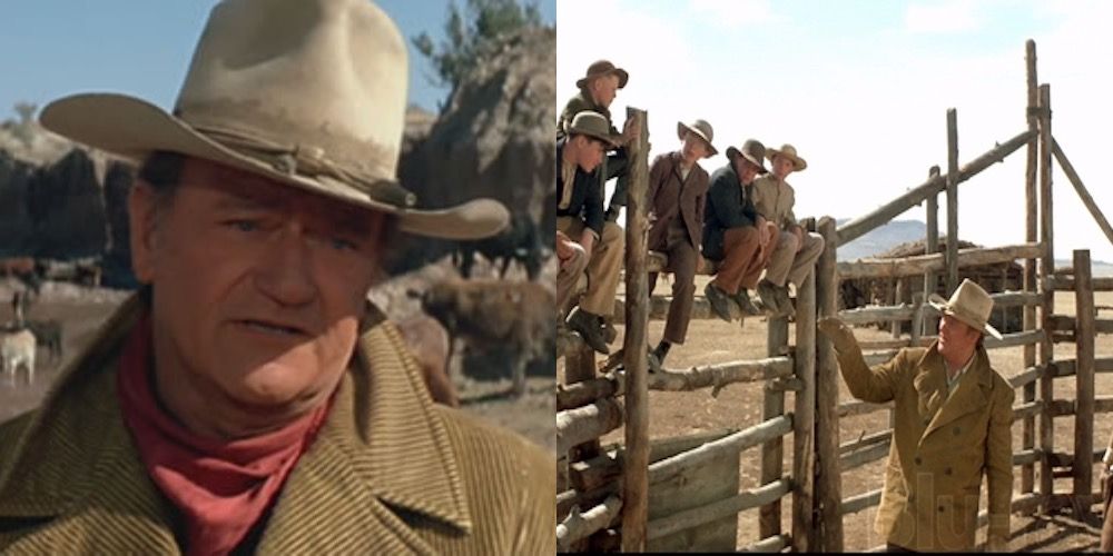 A cowboy looking earnestly at someone and another picture of the same cowboy speaking to boys sat on a fence