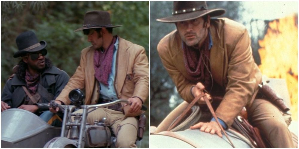 Two men riding in a motorcycle with a side car and another picture of a cowboy riding a rocket ship