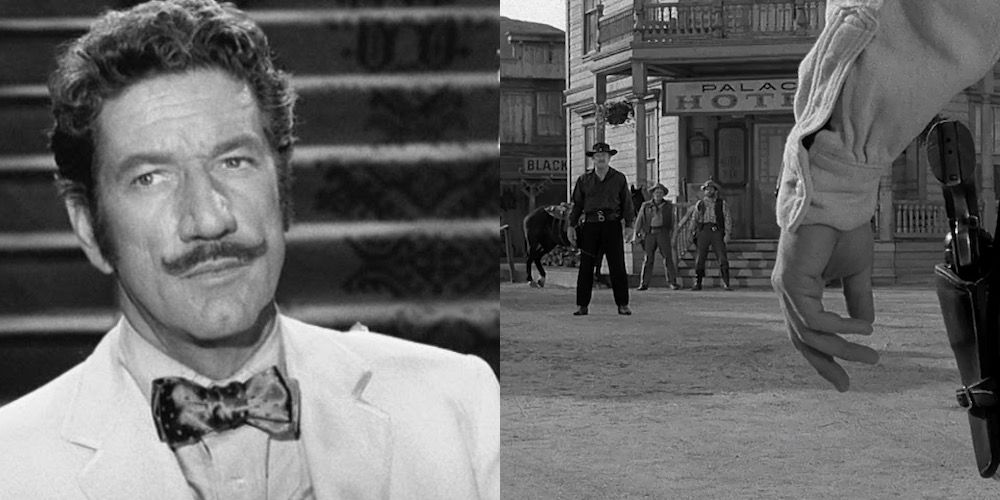 on the left a well dressed man with a mustache on the right a cowboy in black stares down man in the foreground with a gun