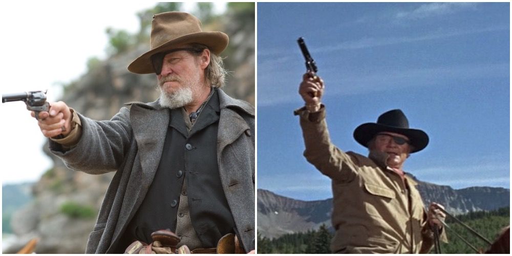 A bearded man in cowboy hat pointing gun and a man riding a horse point a gun skyward