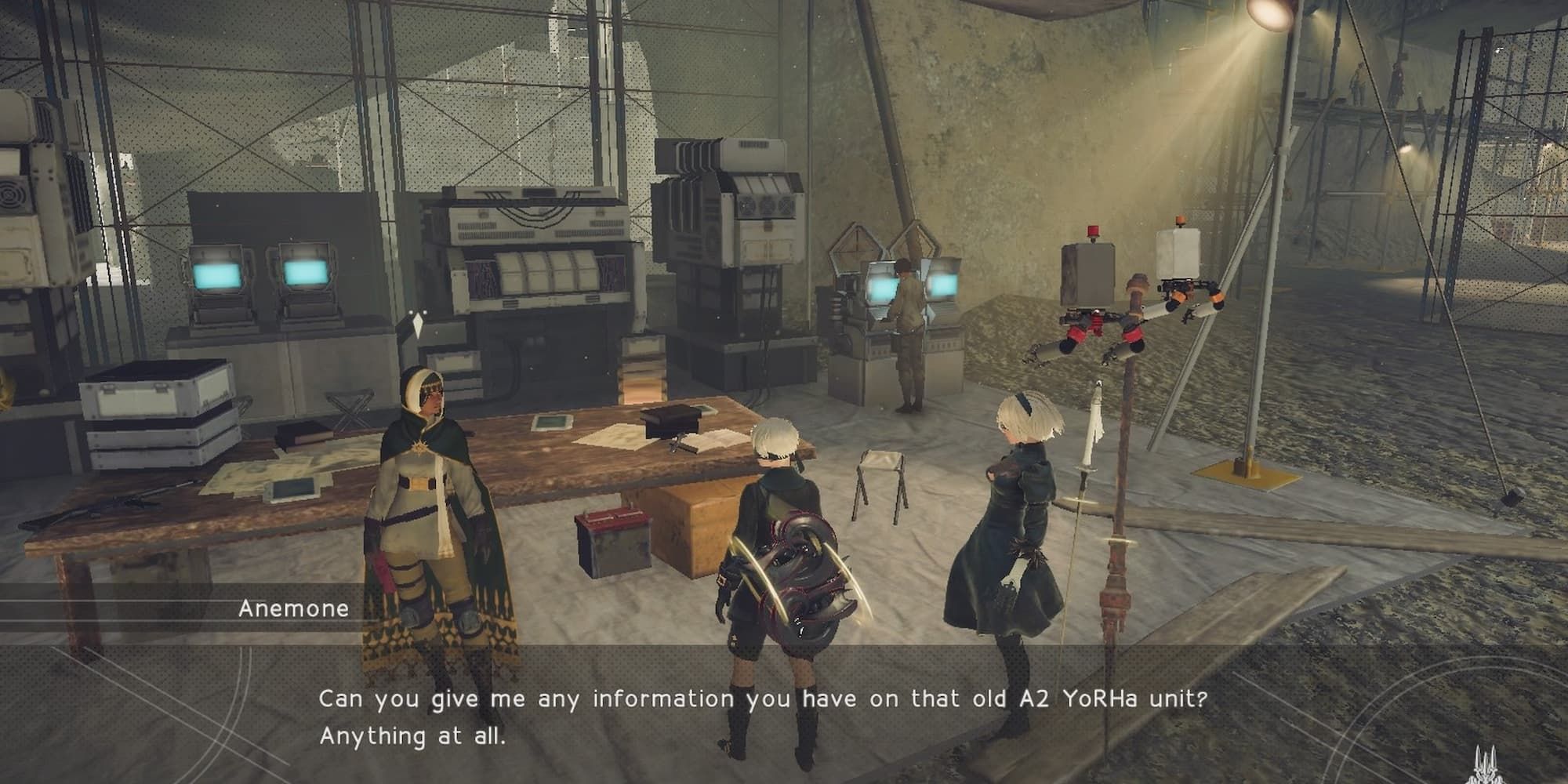 Anemone talking to 2B and 9S in the Resistance camp