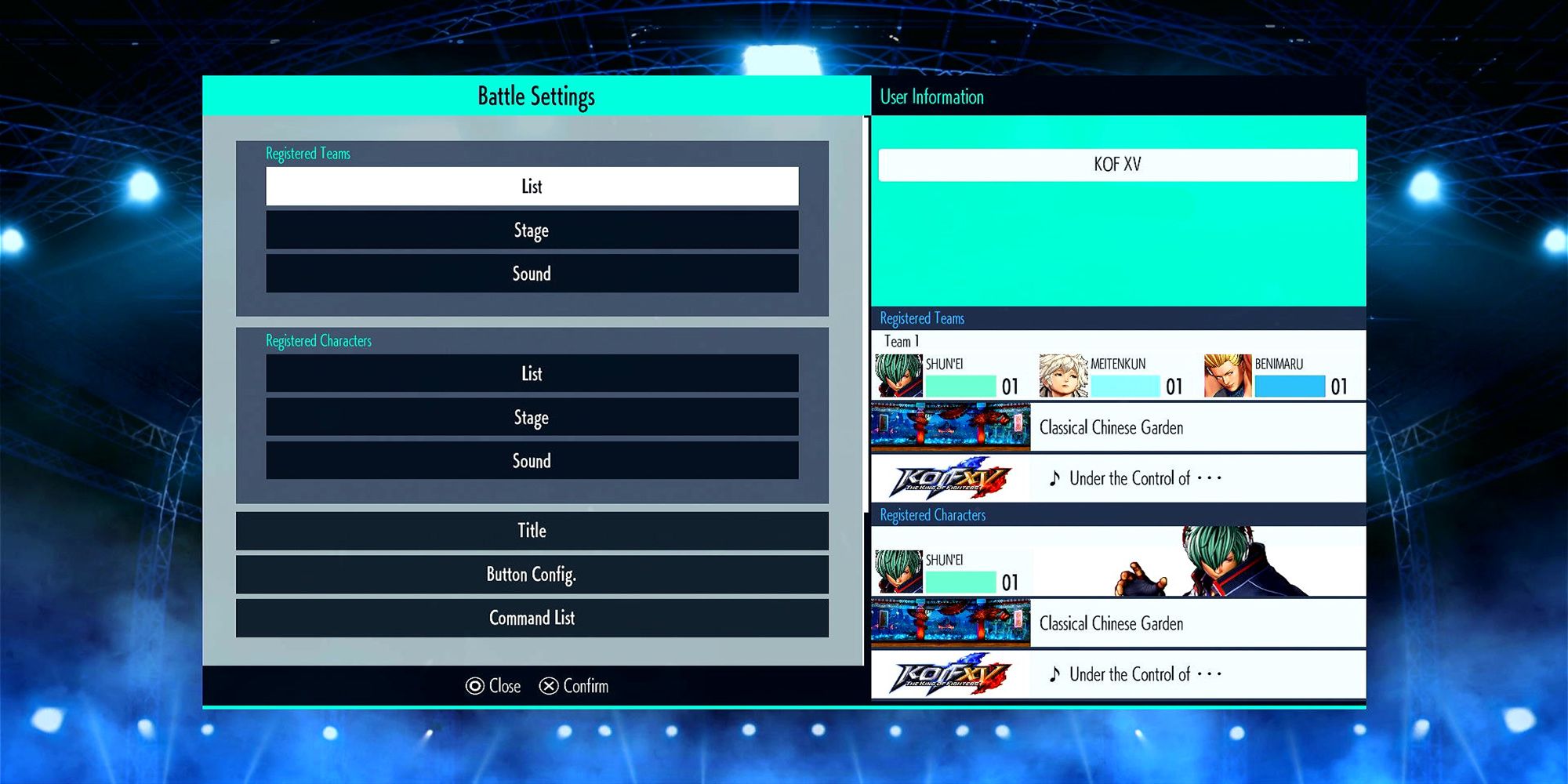 Team Hero is the registered team, and Shun'ei the registered character, in the Battle Settings menu in The King Of Fighters 15.