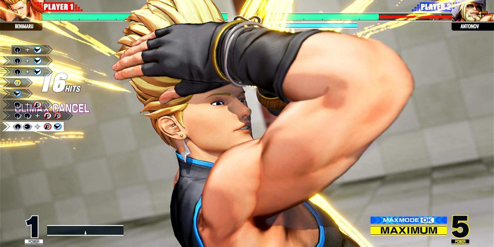 Benimaru strokes his fingers through his hair during his Climax Super Special move, Raiha Jin-Ou Ken, at The Training Stage in The King Of Fighters 15. 