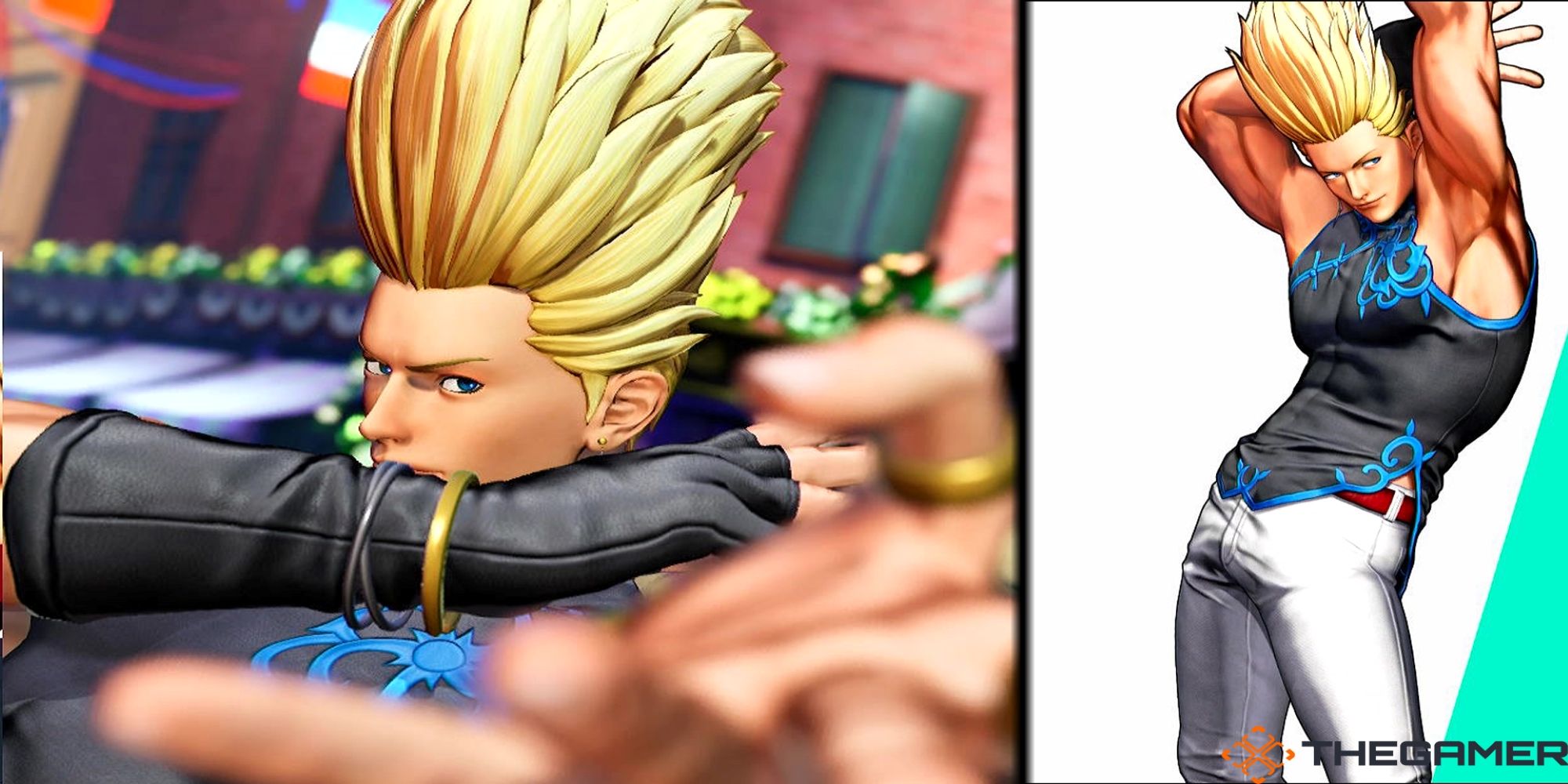 (Panel 1) Benimaru's model-like win pose at Prevence-Main Street in The King Of Fighters 15. (Panel 2) Benimaru's character portrait from the VS screen in The King Of Fighters 15.