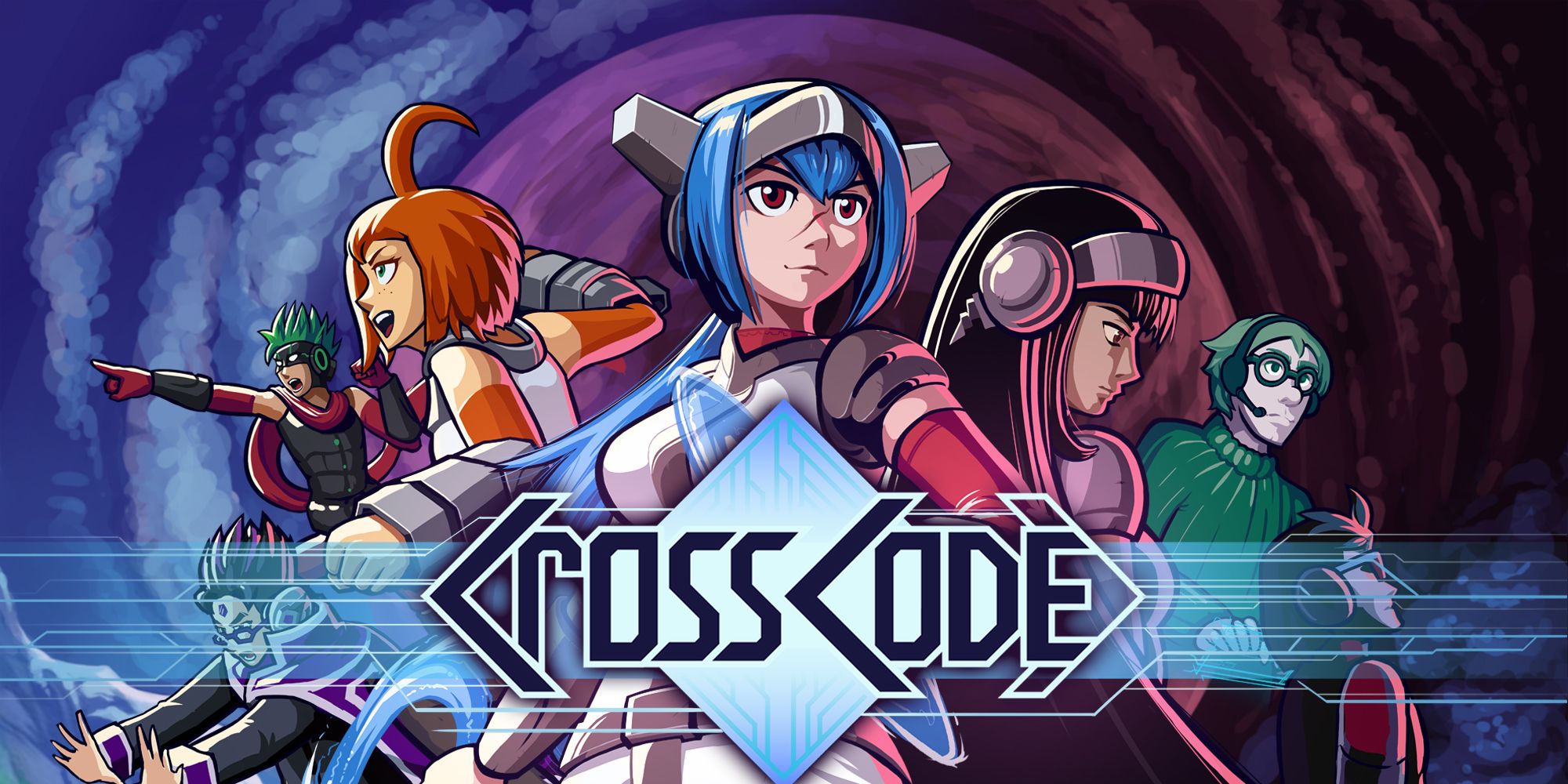 Best RPG Soundtracks cover art for the game Crosscode featuring a plethora of characters including Lea, Toby, Lukas, Apollo and Emilie against a darkened background with the game's title in the centre