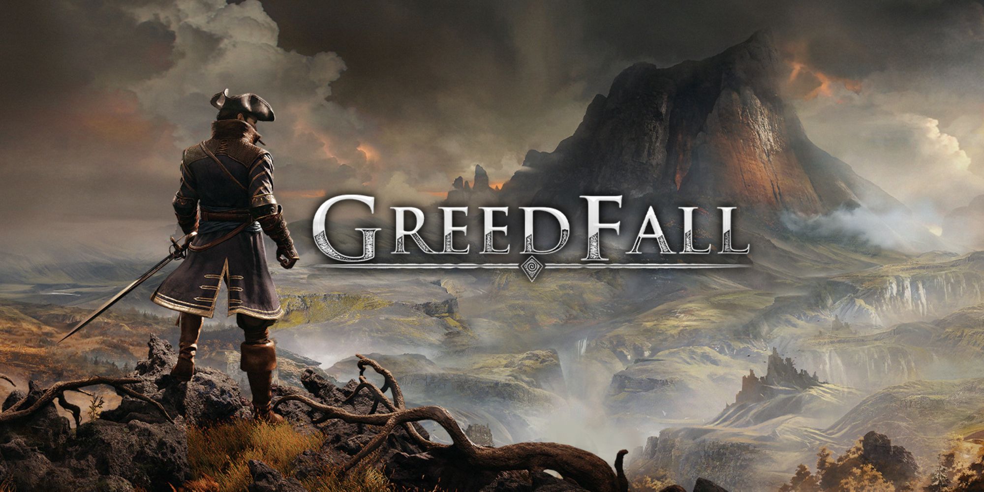 A wide shot of the protagonist from Greedfall stood on the edge of a cliff overlooking a vast desolate landscape with a ominous mountain in the background.