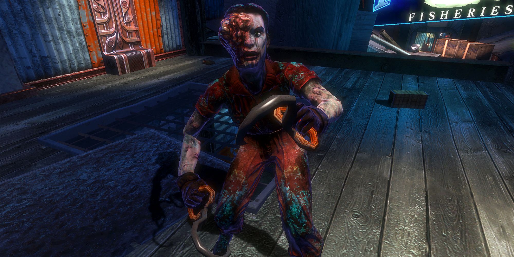 Bioshock Side Characters a midshot of the Splicer Rose stood looking menacingly at the player wielding a dagger in either hand